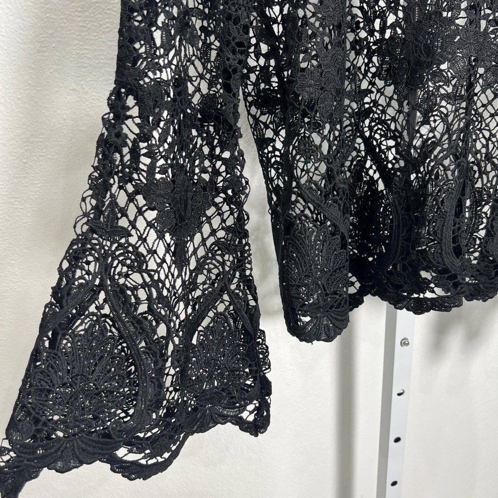 Crochet Grunge Lace Top Black Floral Sheer Bell Sleeve M Dark Fairy Whimsigoth - Picture 3 of 13